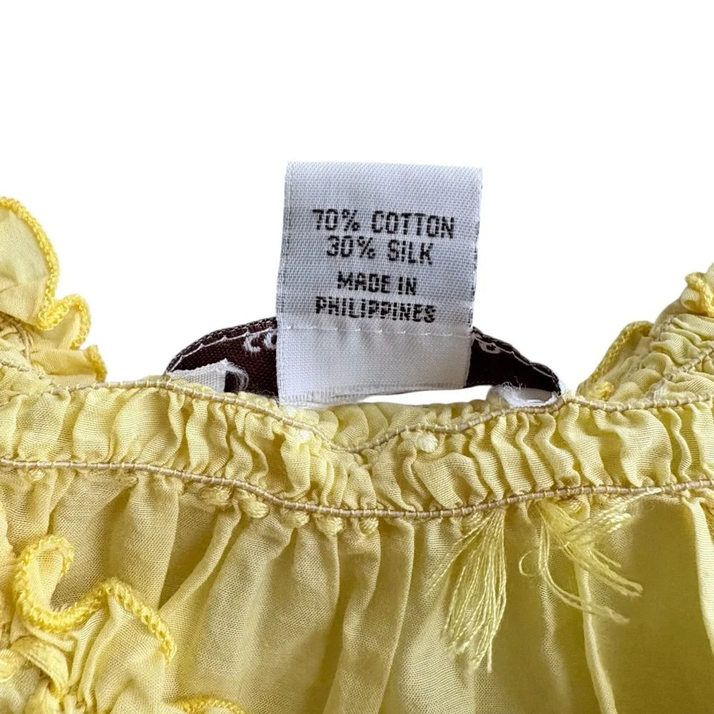 Coco Cabana Yellow Smocked Neck Cap-Sleeve Sheer Top Silk Cotton Blend XS - Picture 7 of 8